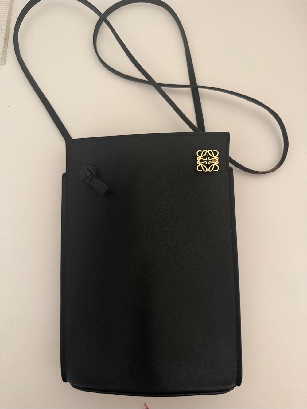 Loewe Black Leather Crossbody Phone Pouch with Gold Anagram Accent